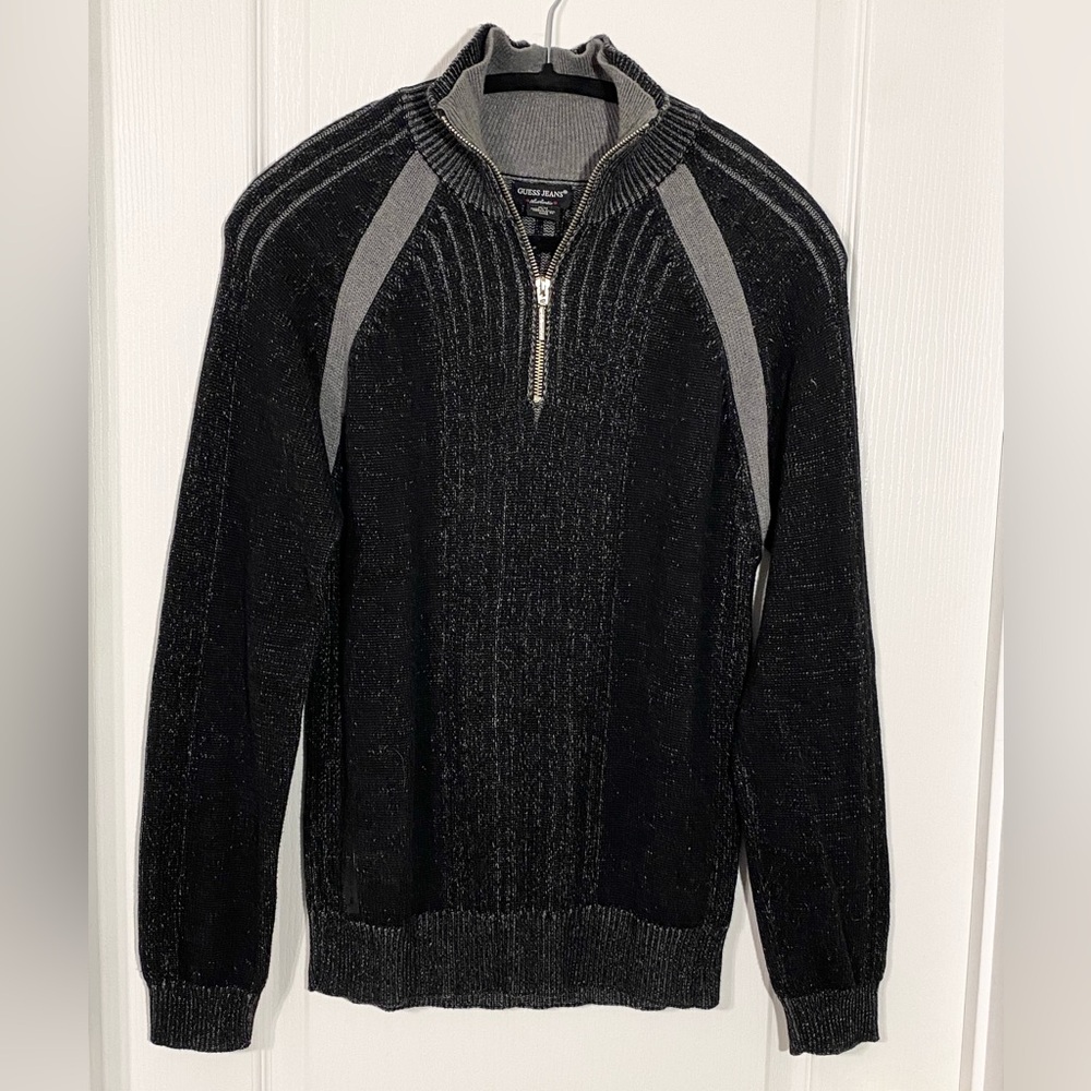 Y2K Guess 1/4 Zip Double Mock Neck Raglan Sweater Black Gray Men’s Medium